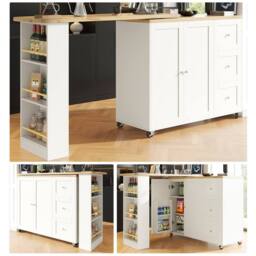 Rolipo 360° Swivel Bar Table White Kitchen Island with 3 Drawers & Castors