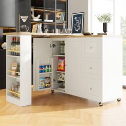 Rolipo 360° Swivel Bar Table White Kitchen Island with 3 Drawers & Castors - thumbnail 2