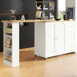 Rolipo 360° Swivel Bar Table White Kitchen Island with 3 Drawers & Castors - thumbnail 4