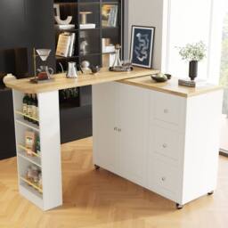 Rolipo 360° Swivel Bar Table White Kitchen Island with 3 Drawers & Castors - thumbnail 3