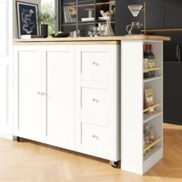 Rolipo 360° Swivel Bar Table White Kitchen Island with 3 Drawers & Castors - thumbnail 5