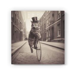 "Warren Reed - Designer Victorian Cat Riding A Bike Canvas in Black - Size: W16"" x H16""" - thumbnail 2