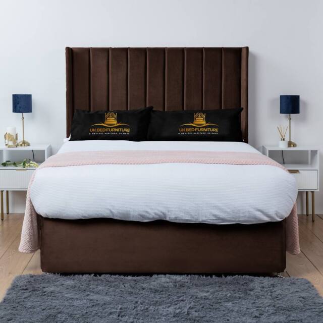 UK Bed Furniture Bella Wingback Divan Bed Base with 54 Inch Headboard - No Storage in Brown - Size: King - image 1