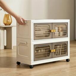 Kelvenix 2 floors Stackable Foldable Plastic Storage Cabinet with Wheels in Cream - Size: 0.6m2 - thumbnail 4