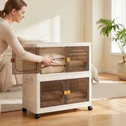 Kelvenix 2 floors Stackable Foldable Plastic Storage Cabinet with Wheels in Cream - Size: 0.6m2 - thumbnail 5