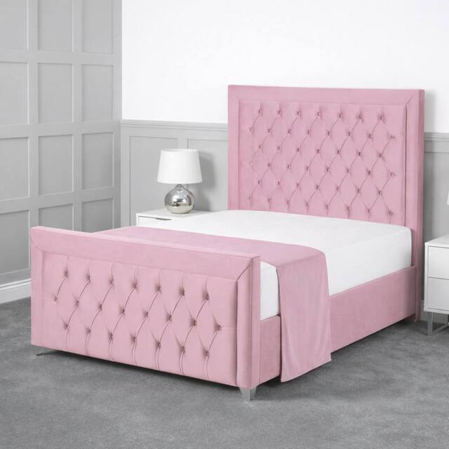 Living Comfort Bedz Ember Plush Velvet Upholstered Bed Slatted Base with 48Inch Headboard in Pink - Size: Single - image 1