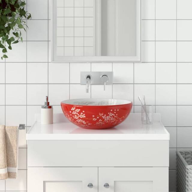 Berkfield Home Countertop Basin White & Red Round Œ¶41x14 cm Ceramic - Size: 41x14 cm - image 1