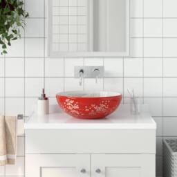 Berkfield Home Countertop Basin White & Red Round Œ¶41x14 cm Ceramic - Size: 41x14 cm - thumbnail 1