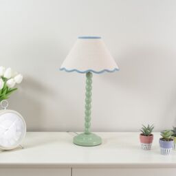 ValueLights Bobbins Sage Green Table Lamp with Tapered Natural Linen Scallop Shade with Bulb in Pale Blue - thumbnail 5