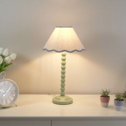 ValueLights Bobbins Sage Green Table Lamp with Tapered Natural Linen Scallop Shade with Bulb in Pale Blue - thumbnail 1