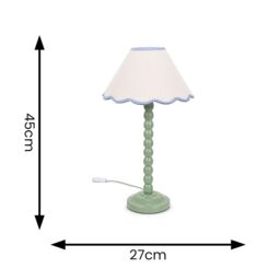ValueLights Bobbins Sage Green Table Lamp with Tapered Natural Linen Scallop Shade with Bulb in Pale Blue - thumbnail 6
