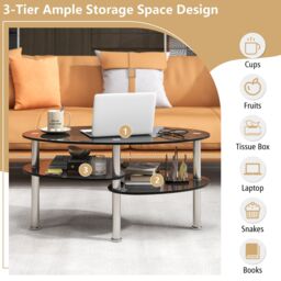 Costway 3-Tire Modern Oval Tea Table Smooth Glass Coffee Table Sofa End Side Table in Black - thumbnail 4