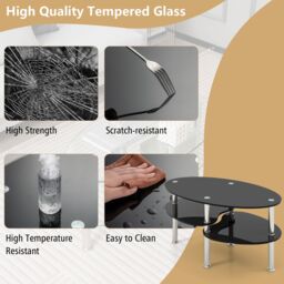 Costway 3-Tire Modern Oval Tea Table Smooth Glass Coffee Table Sofa End Side Table in Black - thumbnail 3