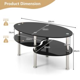 Costway 3-Tire Modern Oval Tea Table Smooth Glass Coffee Table Sofa End Side Table in Black - thumbnail 6