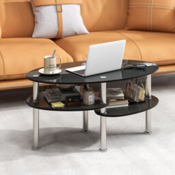 Costway 3-Tire Modern Oval Tea Table Smooth Glass Coffee Table Sofa End Side Table in Black - thumbnail 2