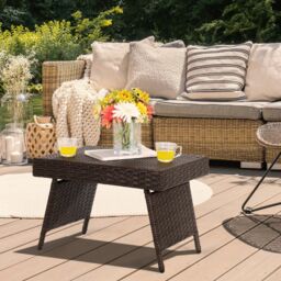 Costway Wicker Coffee Table Folding Outdoor Patio Rattan Side Table in Brown - thumbnail 3