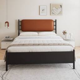 BTM Metal Bed with PU Upholstered Headboard, Black Iron Frame - Size: Single - thumbnail 3