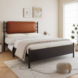 BTM Metal Bed with PU Upholstered Headboard, Black Iron Frame - Size: Single - thumbnail 1