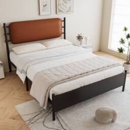 BTM Metal Bed with PU Upholstered Headboard, Black Iron Frame - Size: Single - thumbnail 2