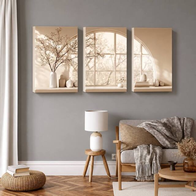"Mafett Neutral Window View Canvas Wall Art Set of 3 Beige Prints - Size: W18"" x H24""" - image 1