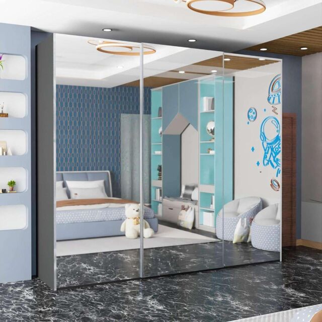 Sliding Wardrobes 4U Full Mirror Double/Triple Mirror Wardrobe 250cm X 217cm in Grey - Size: 250 cm X 217 cm - image 1