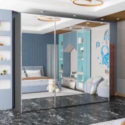 Sliding Wardrobes 4U Full Mirror Double/Triple Mirror Wardrobe 250cm X 217cm in Grey - Size: 250 cm X 217 cm - thumbnail 1