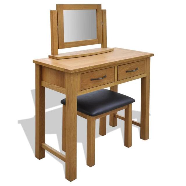 Berkfield Home Dressing Table with Stool Solid Oak Wood in Brown - image 1