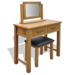 Berkfield Home Dressing Table with Stool Solid Oak Wood in Brown