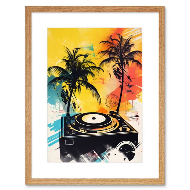 "Artery8 Wall Art Print Music Under Palm Trees Tropical Beach Party Modern Watercolour Painting Artwork Framed 9X7 Inch in Beige - Size: W7"" x H9""" - image 1