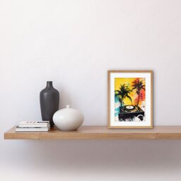 "Artery8 Wall Art Print Music Under Palm Trees Tropical Beach Party Modern Watercolour Painting Artwork Framed 9X7 Inch in Beige - Size: W7"" x H9""" - thumbnail 2