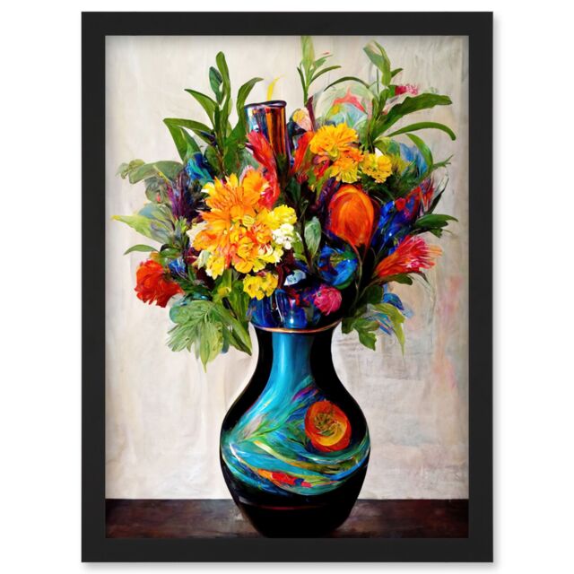 Artery8 Boldly Coloured Flower Bouquet In Decorative Vase Artwork Framed Wall Art Print A4 in Black - image 1