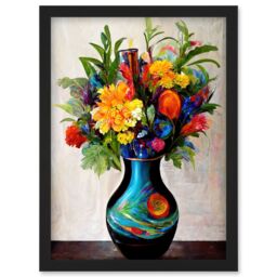 Artery8 Boldly Coloured Flower Bouquet In Decorative Vase Artwork Framed Wall Art Print A4 in Black - thumbnail 1