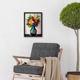 Artery8 Boldly Coloured Flower Bouquet In Decorative Vase Artwork Framed Wall Art Print A4 in Black - thumbnail 2