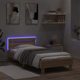 Berkfield Home Bed Frame with Headboard & LED Lights Sonoma Oak 90x200 cm in Brown - thumbnail 4