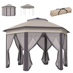 OUTSUNNY 3x4m Hexagon Gazebo w/ Metal Frame Mesh Curtains Outdoor Garden in Beige - thumbnail 2