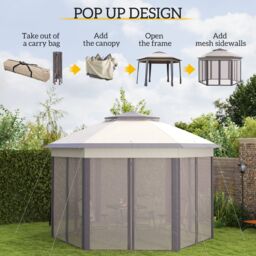 OUTSUNNY 3x4m Hexagon Gazebo w/ Metal Frame Mesh Curtains Outdoor Garden in Beige - thumbnail 4