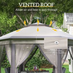 OUTSUNNY 3x4m Hexagon Gazebo w/ Metal Frame Mesh Curtains Outdoor Garden in Beige - thumbnail 6