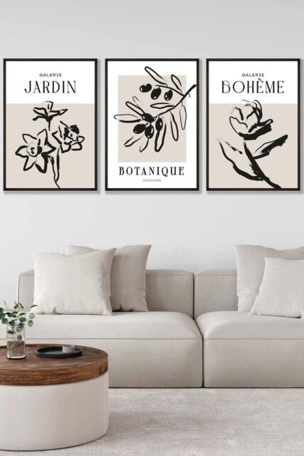 ARTZE Set of 3 Black Framed Minimalist Sketch Leaves Flowers Beige & Black Wall Art - Size: W33 cm x H45 cm x D20mm - image 1