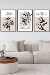 ARTZE Set of 3 Black Framed Minimalist Sketch Leaves Flowers Beige & Black Wall Art - Size: W33 cm x H45 cm x D20mm - thumbnail 1