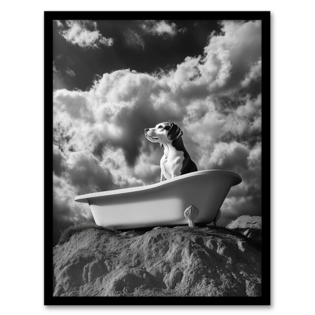 Artery8 Dog Lover Beagle Bathtub Black White Atmospheric Framed Art Print in Grey - Size: A4 - image 1