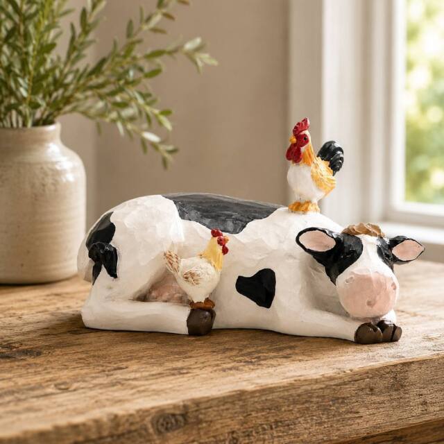Country Living Resin Chicken & Cow Ornament in White - image 1