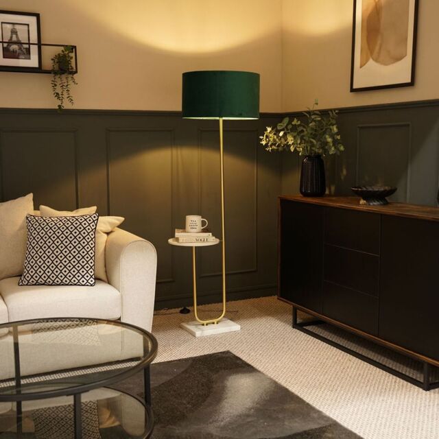 ValueLights Tavel Brushed Gold Floor Lamp Light with Velvet Shade in Bottle Green - Size: 18 inches - image 1
