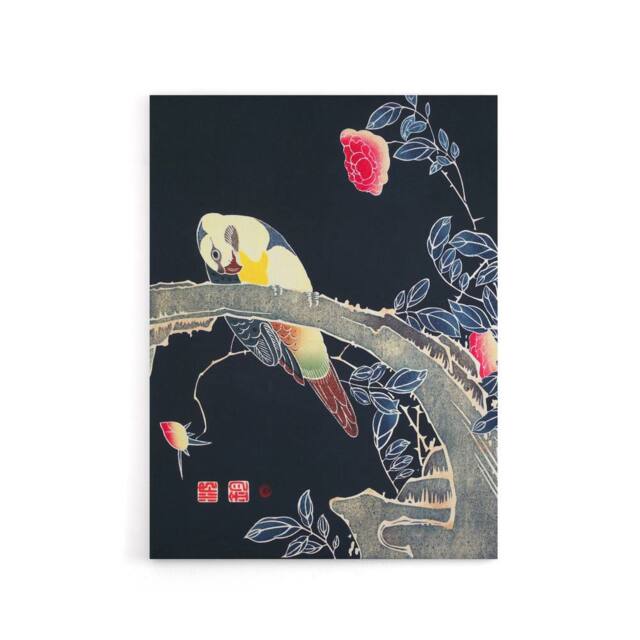 "Artery8 Parrot on Rose Flower Bush Japanese Canvas Wall Art Print Jakuchu - Size: W18"" x H24""" - image 1