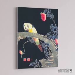 "Artery8 Parrot on Rose Flower Bush Japanese Canvas Wall Art Print Jakuchu - Size: W18"" x H24""" - thumbnail 2