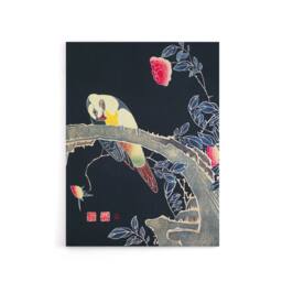 "Artery8 Parrot on Rose Flower Bush Japanese Canvas Wall Art Print Jakuchu - Size: W18"" x H24""" - thumbnail 1