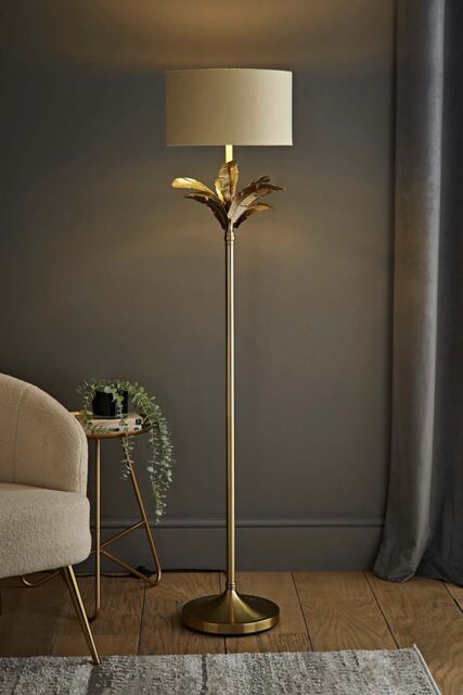 ValueLights Christina Fabric with Metallic Gold Inner Drum Shade Gold Palm Leaf Floor Lamp in Beige - image 1