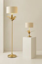 ValueLights Christina Fabric with Metallic Gold Inner Drum Shade Gold Palm Leaf Floor Lamp in Beige - thumbnail 8