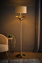 ValueLights Christina Fabric with Metallic Gold Inner Drum Shade Gold Palm Leaf Floor Lamp in Beige - thumbnail 2