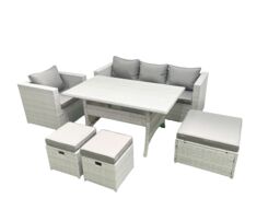 Fimous Garden Dining Set Outdoor Rattan Furniture Set with Sofa Dining Table 3 Footstools Light Grey Mixed - thumbnail 1