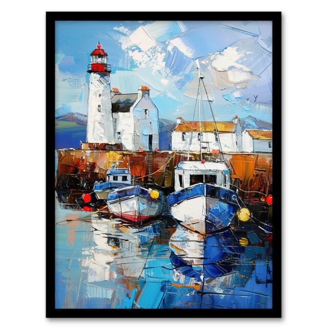"Artery8 Scottish Harbour Oil Painting Lighthouse Rustic Framed Art Print in Blue - Size: W12"" x H16""" - image 1